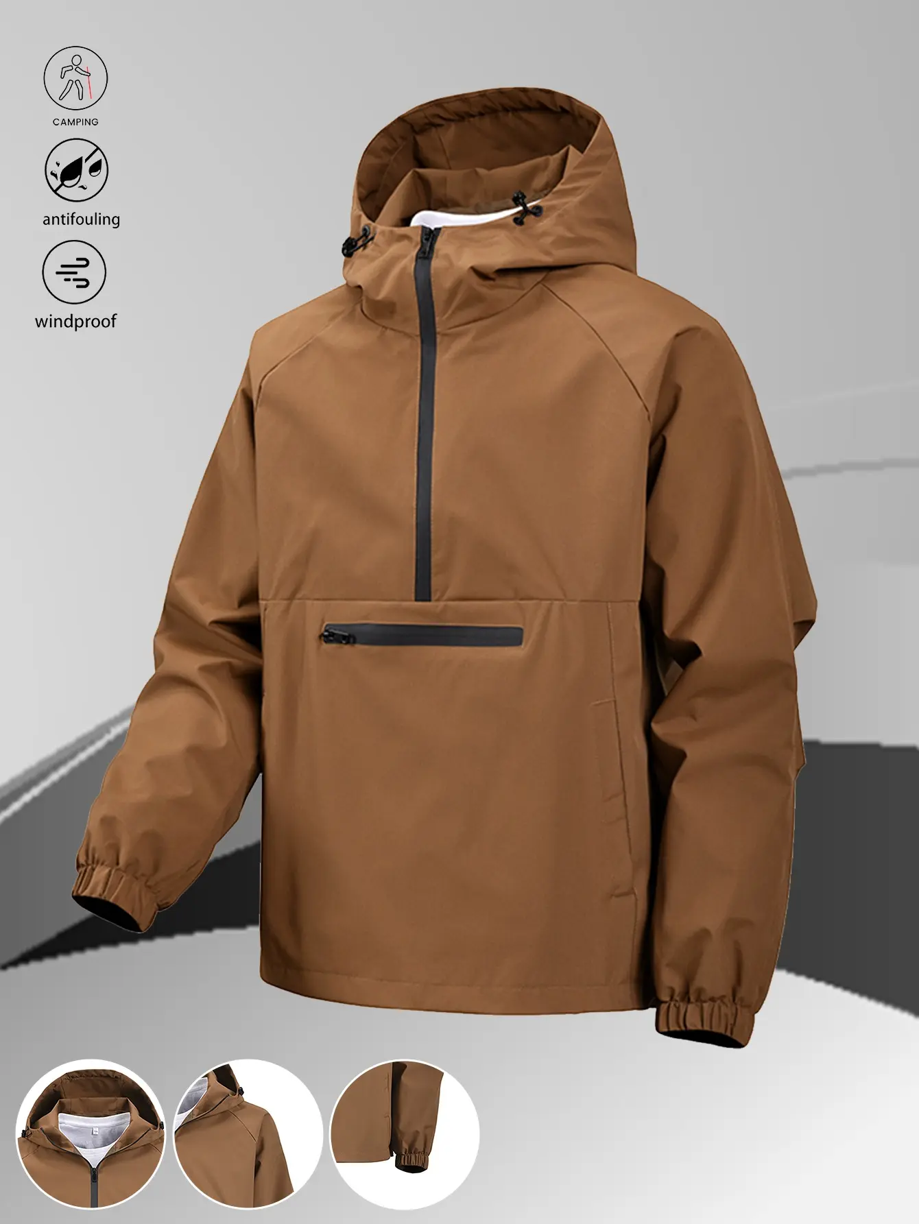 Outdoor Gear Company One Black Half-Zip Pullover with Hoodie Windproof Stain-Resistant Fabric Large Pockets for Hiking & Everyday Wear