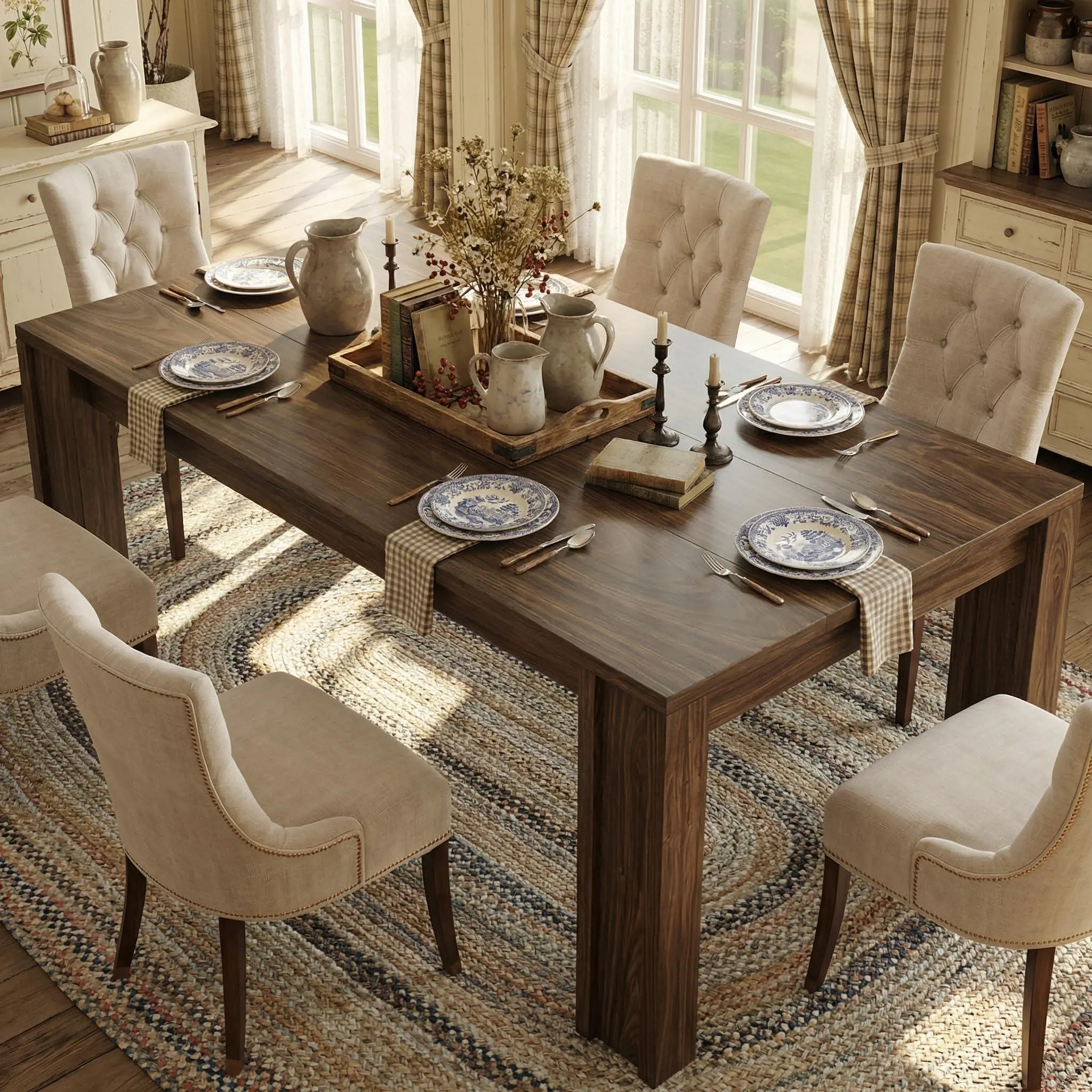71" Long Dining Table for 6-8, Farmhouse Rectangular Wood Kitchen Table with Wide H-Legs & Thick Top, Dining Room Table for Dinner, Apartment, Walnut
