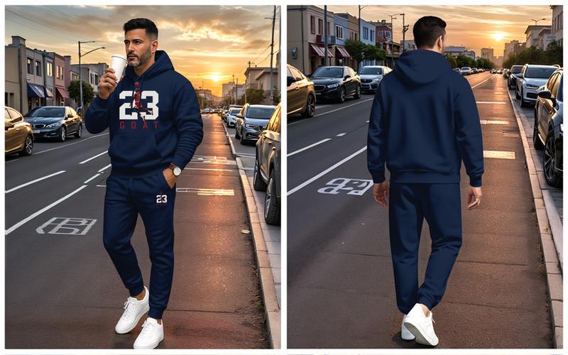 Men's Goat 23 Pattern Print Hoodie and Drawstring Sweatpants Set, Menswear, Casual Athletic Long Sleeve Hooded Jacket & Trousers for Fall & Winter, Men's Clothing for Daily Wear, Sportswear Indoor Outdoor, Tracksuit, Athleisure Minimalist