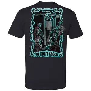 We Don’t Knock Tactical T Shirt Featuring Breach And Clear Door Kick Scene, Tactical Special Forces Night Raid Graphic Design Symbolizing Precision Teamwork Shock Entry And Modern Combat Culture