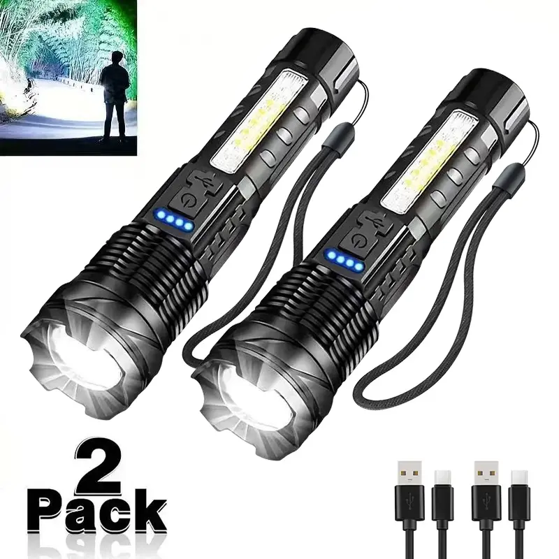 Handheld Emergency Flashlight - Rechargeable LED Lights, 7 Modes, IPX6 Waterproof, Robust, USB-C Fast Charging USB Cable, High-Luminous, for Outdoor Adventures, Emergencies, Fastcharging, Adjustable