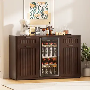 AHB Multi-Functional Home Bar Cabinet: Mini Fridge Compatibility; Hidden Trash Can Dispenser; Storage for Coffee & Wine; Kitchen Dining Room Sideboard.