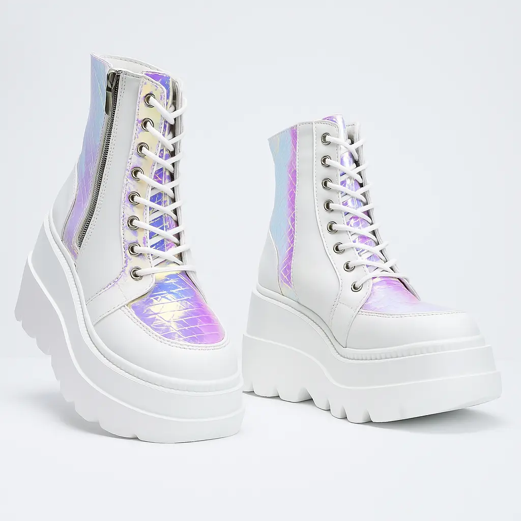 Women's Radio Holographic Platform Ankle Boots, Chunky Block Heel Footwear for Women, Shoe