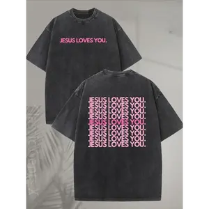 Unisex 230GSM Washed T-Shirt - "Jesus Loves You" Religious Pattern, Double-Sided Print, Crew Neck Church/Casual Wear Machine Washable Gift