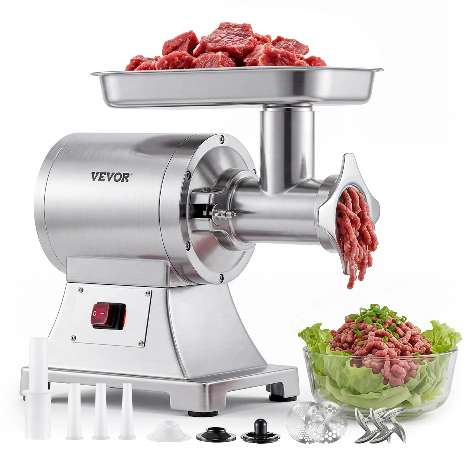 【Summerfinds】VEVOR Commercial Grade Corded Electric Metal Meat Grinder, 9.2 Lbs/Min Capacity, #12 Mincer with 2 Plates (6mm Grinding Plate Included), 3 Sausage Tubes & Kibbe Kit, 750W/1HP Maker for Home Kitchens & Restaurants, ETL Listed
