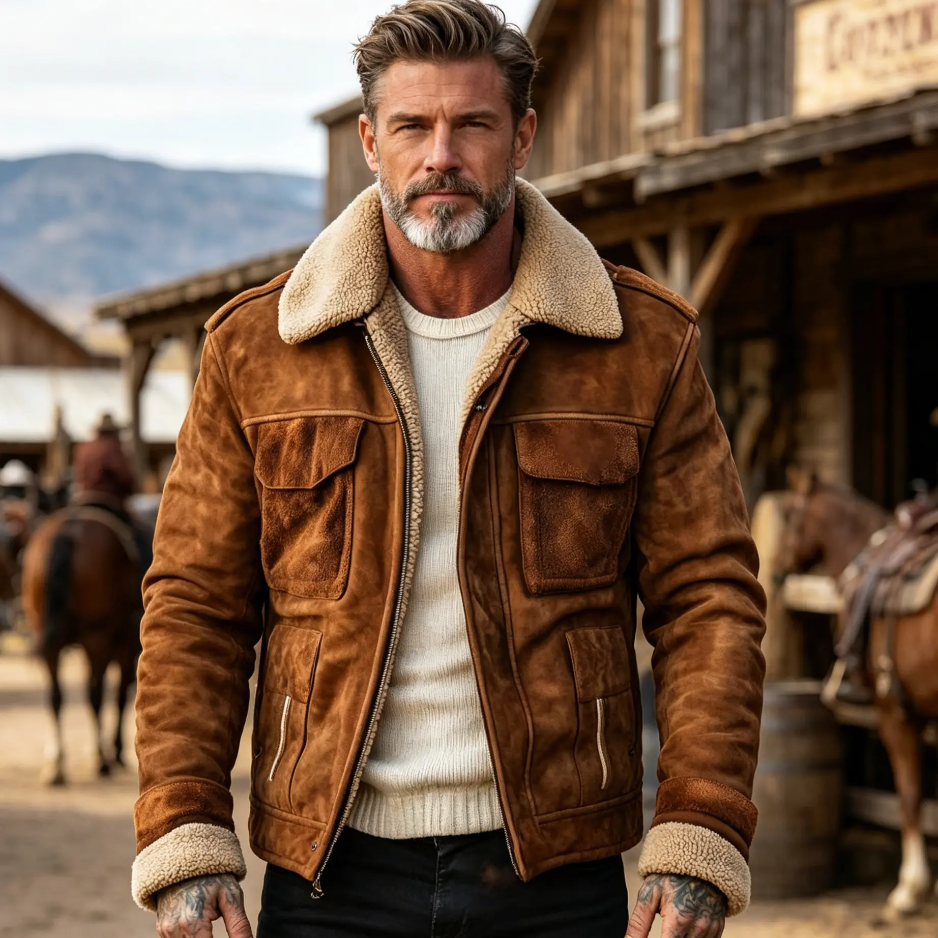 Men’s vintage suede aviator jacket with lambswool collar lining, Western wool fleece warm workwear jacket, casual streetwear jacket for autumn/winter