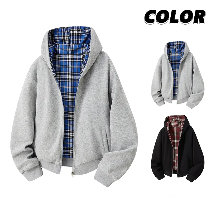 Men's Checked Plaid Hooded Jacket - Reversible Long-Sleeve Cotton Casual Streetwear Top with Zip Closure, Couple-Matching Menswear Tops for Back to School