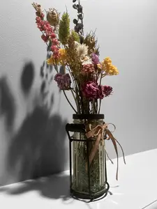 Spring Flower arrangement with Dried Flowers - Rustic glass/metal vase