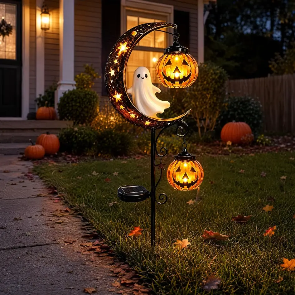 Solar Halloween Outdoor Waterproof LED Garden Stake Lights - Metal Stake Decor with Spooky Ghost Lantern, Moon, Pumpkin, Witch Cauldron, Star, Auto Charge, IP65 Rating for Pathway, Patio Party (Home Improvement Garden Supplies), Solar Outdoor Lights