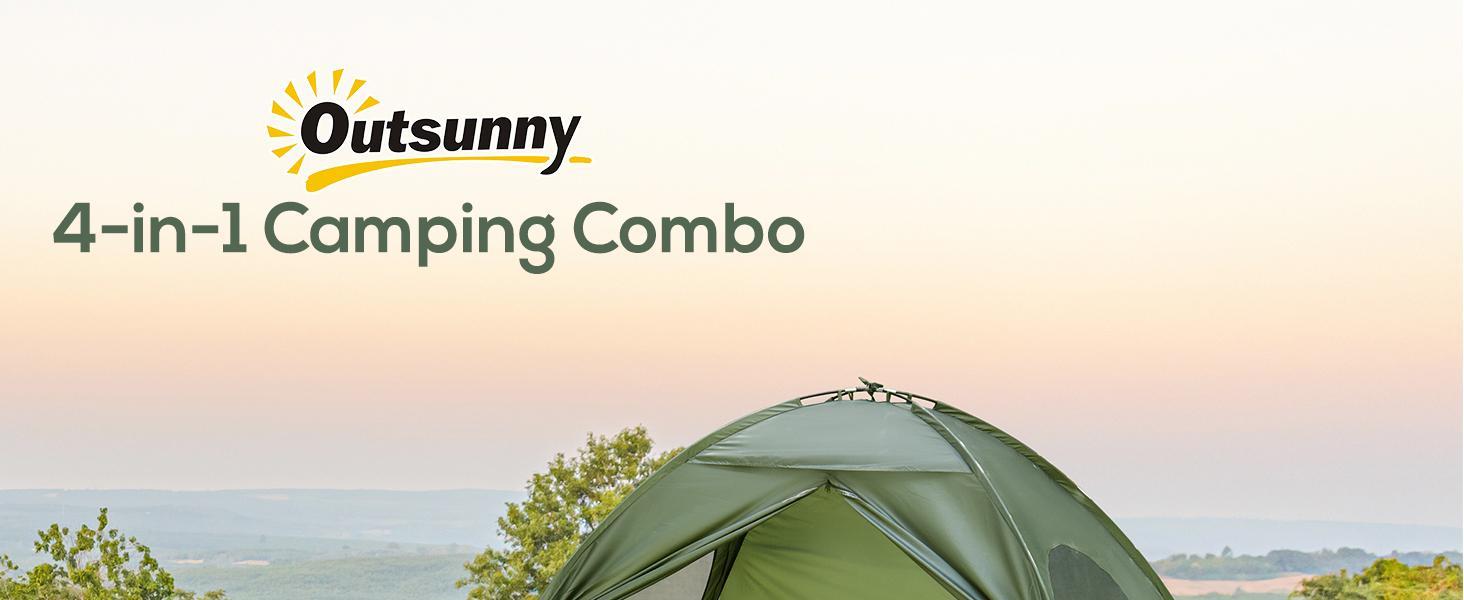 Outsunny 1/2 Person Foldable Camping Cot with Tent, Bedspread and Thick Air Mattress, 4-In-1 Elevated Camping Bed Tent for Outdoor Hiking, Picnic, Travel