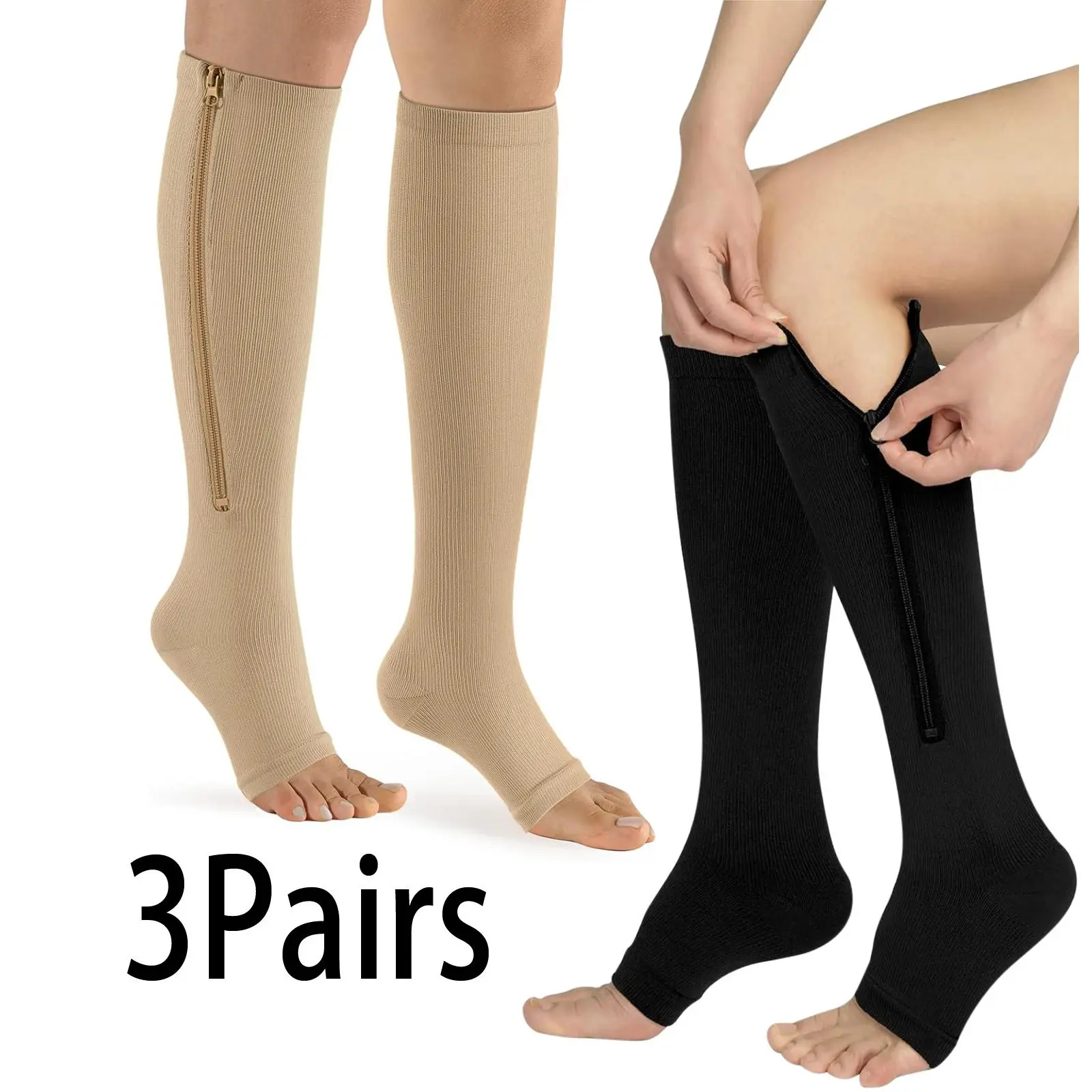 3 Pairs Zipper Open-Toe Compression Socks 20-30mmHg, Graduated Support Stockings for Women Men, Comfortable Leg Support for Travel, Nurses, Daily Wear, Compression Socks Women