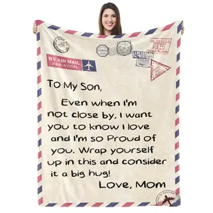My Son Throw Blanket Gifts from Mom, Soft Warm Blue Letter Print 70x55 inches Polyester Flannel