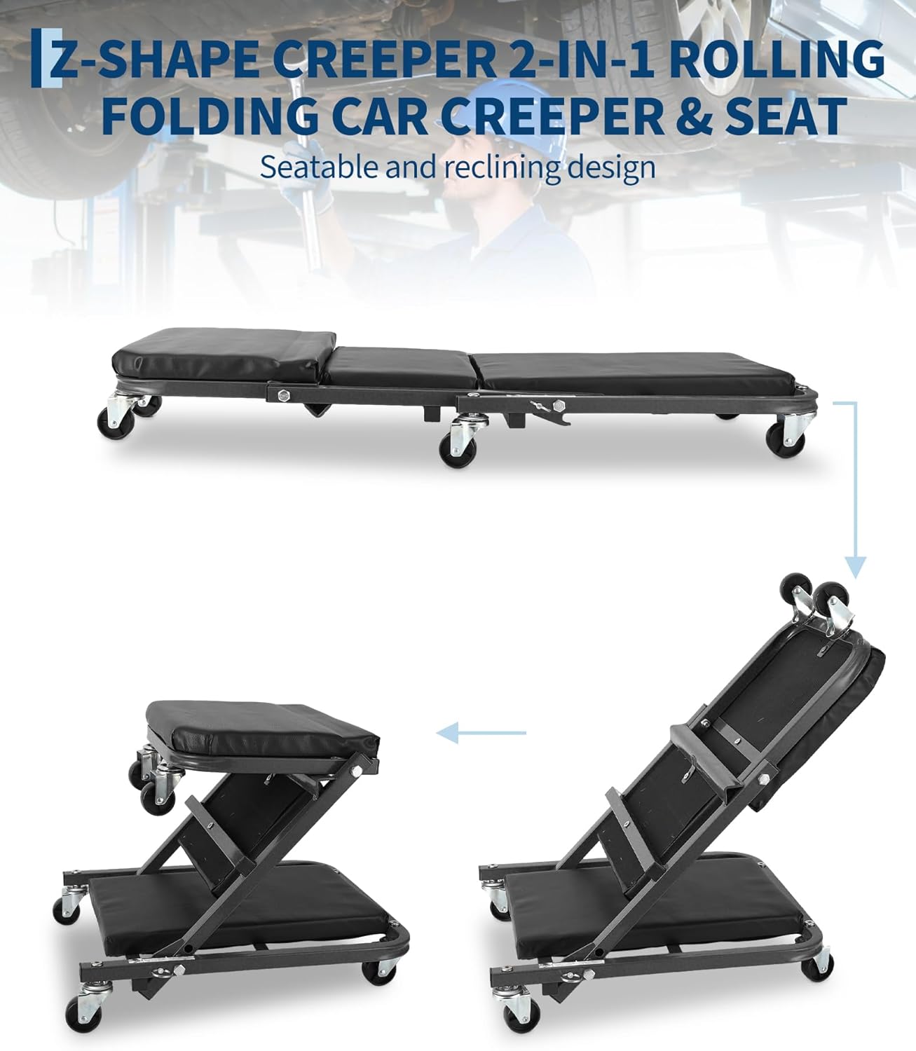 36-inch Z-Creeper Seat with Wheels, 2-in-1 Folding Garage Seat, 330 lb Capacity, Under-Car Automotive Mechanic Repair with 6 Swivel Casters