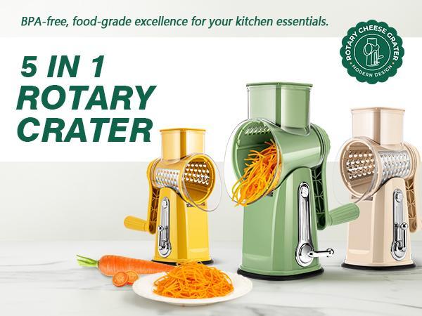SUSTEAS Rotary Cheese & Veggie Chopper – 5 Blades, Suction Base, Bonus Organizer | Green Food Slicer & Chopper Utensil for Kitchen