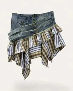 Denim Patchwork Ruffle Mini Skirt