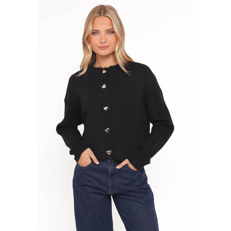 Loulani Heart Button Cardigan - Black