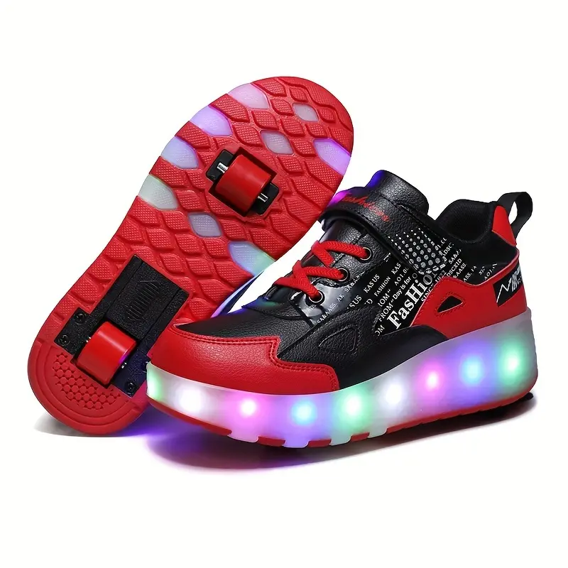 Boys' High Top Plaid LED Light-Up Roller Shoes with Detachable Wheels & Velcro - Breathable Casual Trainers, Kids' Fashion Footwear, Breathable Footwear