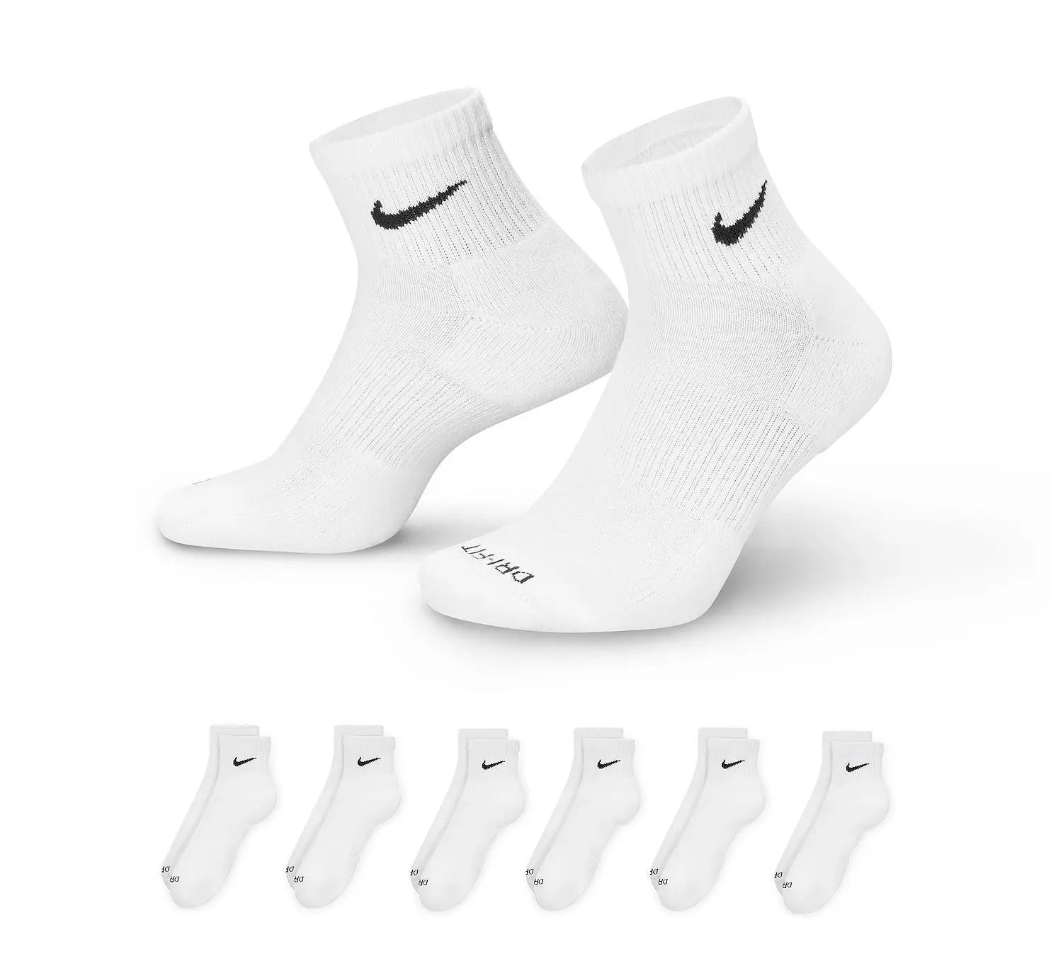Nike Everyday Plus Dri-Fit Ankle Socks White 6-Pack Cushioned Unisex Athletic Training Tube Socks