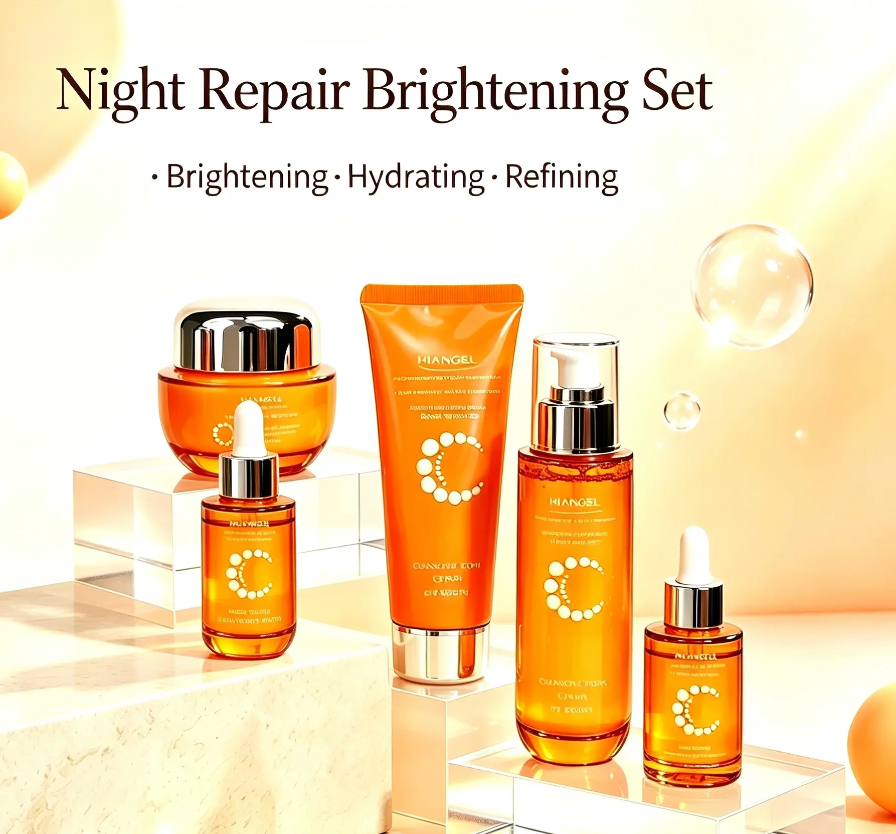 Night Repair Vitamin C Skincare Set 6PC – Overnight Glow Brightening Kit for Dull Skin, Cleanser Toner Lotion Essence Eye Cream Face Cream