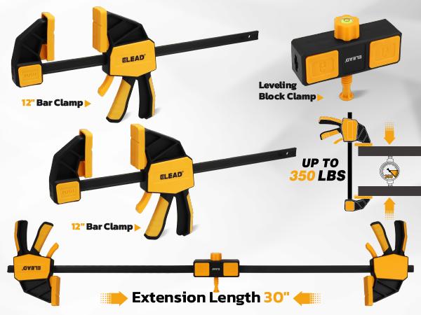 12-Inch Bar Clamp Set with Leveling Block Clamp, 3-Pack Quick-Release Wood Clamps/Spreader, One-Handed F Clamp350LBS Load Limit, Light Duty Woodworking Clamps for Table Wood Working