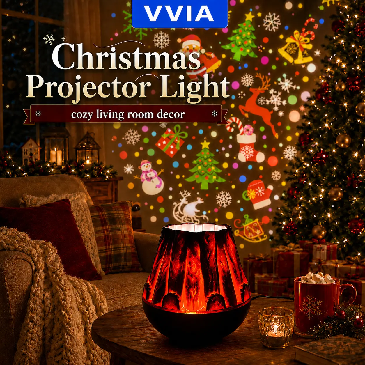 Christmas Projector Lamp - USB-Powered Holiday Flame Projection Light, Realistic Fireplace Glow, Dynamic Snowflake & Santa Projections, 1-Second Cozy Holiday Atmosphere Creation