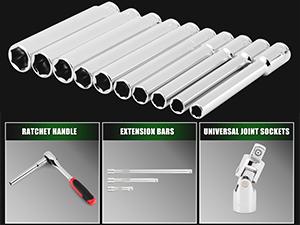 10PCS 3/8-Inch Drive Extra Deep Metric Socket Set, 6 Point, 8mm to 17mm, No Skipped Sizes, 120MM Deep CR-V Socket for Automotive and Industrial Applications