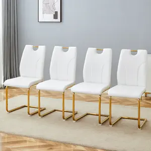 Set of 4 Modern White PU Leather Dining Chairs, Ergonomic High Back Kitchen Chairs with Gold Metal Legs, Comfortable Armless Accent Chairs for Living Room, Bedroom, or Restaurant Furniture
