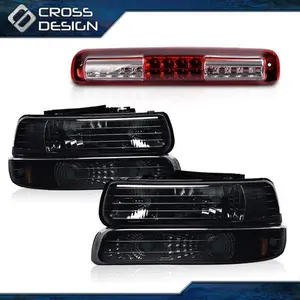 CROSSDESIGN Smoked Headlight & Bumper& LED 3RD Brake Cargo Light Fit For 99+ Chevy Silverado