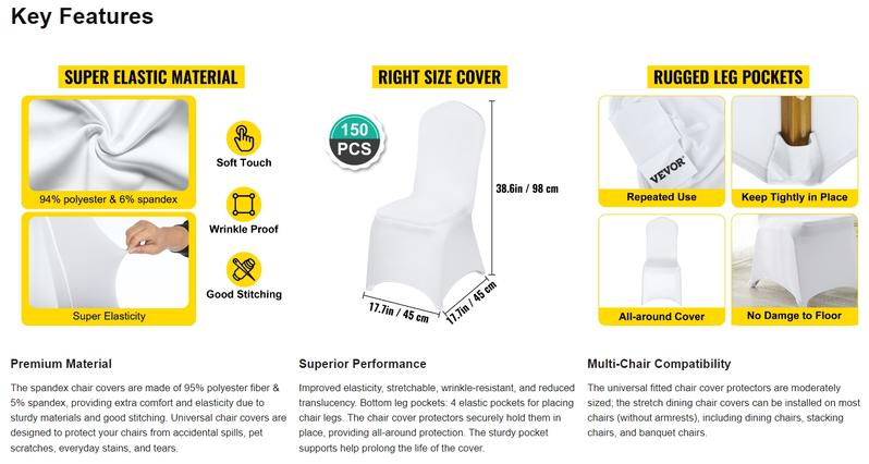 VEVOR 150PCS Chair Covers Stretch Spandex Folding, TikTokShopBlackFriday, Universal Fitted Chair Cover, Removable Washable Protective Slipcovers, for Wedding, Holiday, Banquet, Party, Celebration, Dining (White)