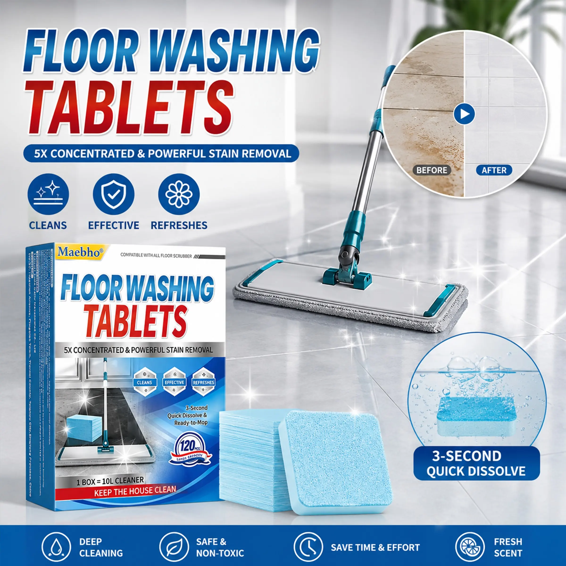 120x Concentrated Floor Cleaning Tablets Cleaner - Deep Clean Tiles Wood Laminate No Residue | Easy Mop Solution Home Cleaning Products Household Cleaning Products