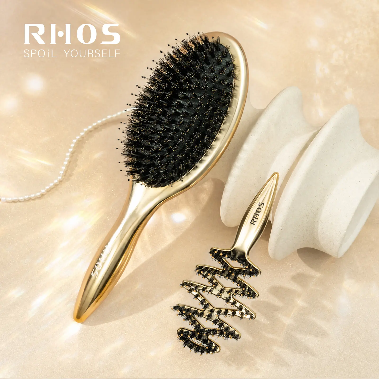 RHOS Gold Boar Bristle Hair Brush Set, 2-Piece Full-Size & Mini for Detangling, Smoothing & On-the-Go Styling, travel hairbrush