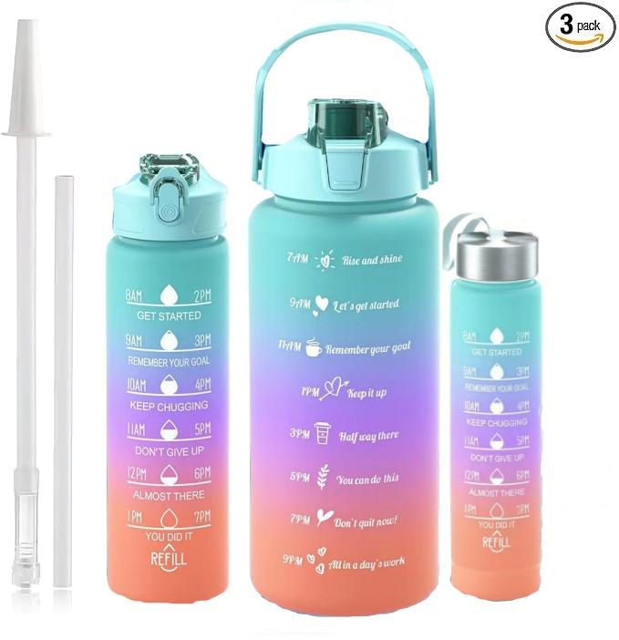 3-Piece Motivational Water Bottles with Time Mark & Leakproof Lids, Gradient Design with Straws, Reusable Hydration Set for Sports, Fitness & Daily Use – Perfect Holiday Gift, Ideal Gifting Choice