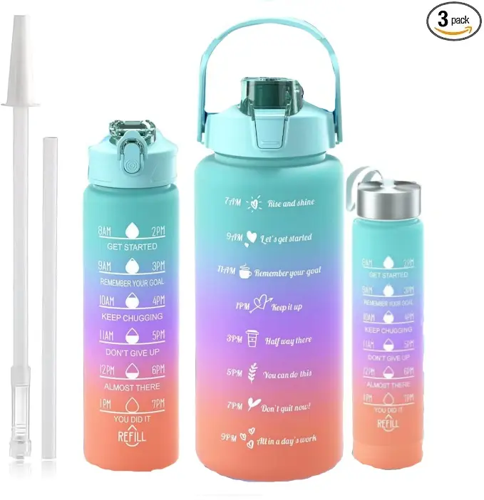 3-Piece Motivational Water Bottles with Time Mark & Leakproof Lids, Gradient Design with Straws, Reusable Hydration Set for Sports, Fitness & Daily Use – Perfect Holiday Gift, Ideal Gifting Choice