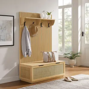 Soma Fluted 3-in-1 Hall Tree With Storage Bench and Coat Rack in Light Oak