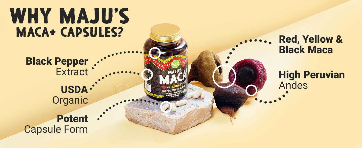 MAJU Organic Maca Capsules (120ct) - Edible Vegetarian Dietary Supplement, Red, Yellow, & Black Maca, Hormone, Healthcare, Optimum Stamina & Fitness MAJU Organic Maca Capsules (120ct) - Edible Vegetarian Dietary Supplement, Red, Yellow, & Black Maca, Hormone, Healthcare, Optimum Stamina & Fitness