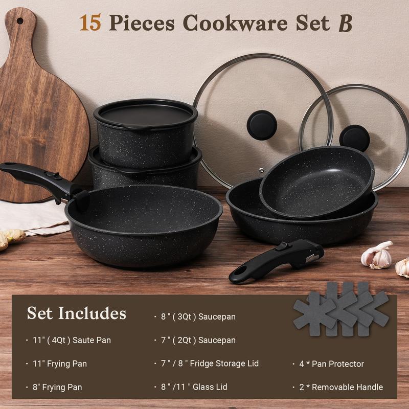 SODAY 15pcs Pots and Pans Set Non Stick, Cookware Sets with Detachable Handle, Nonstick RV Kitchen Cooking Set Removable Handles, Oven Safe,Stackable, Frying, Kitchenware,stock up on specials,Valentines Day gifts