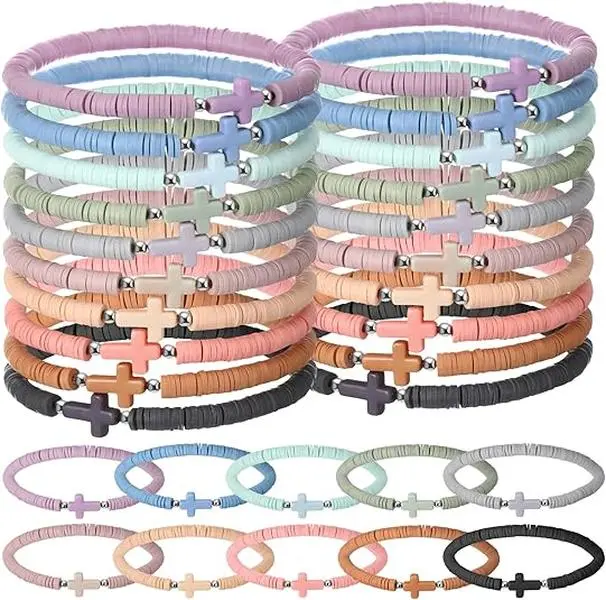 30PCS Cross Bracelets Bulk Jesus Bracelets Handmade Elastic Colorful Polymer Clay Bead Religious Wristbands Christian Wristband for Women Kid Gifts Party Favors ﻿