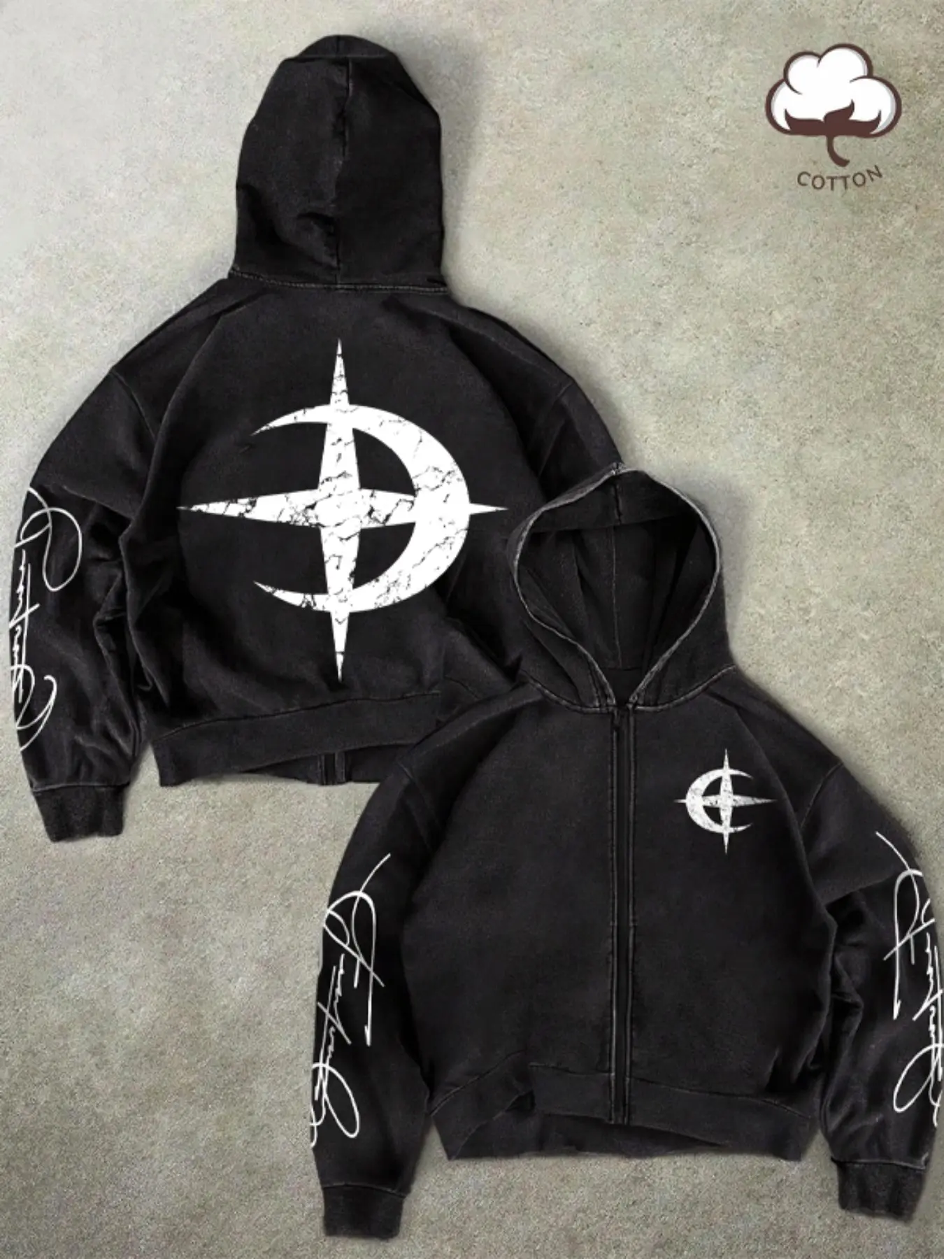 Men's Star Moon Print Zipper Cotton Hoodie, Casual Regular Fit Long Sleeve Sweatshirt, Fall & Winter Fashion, Daily Wear