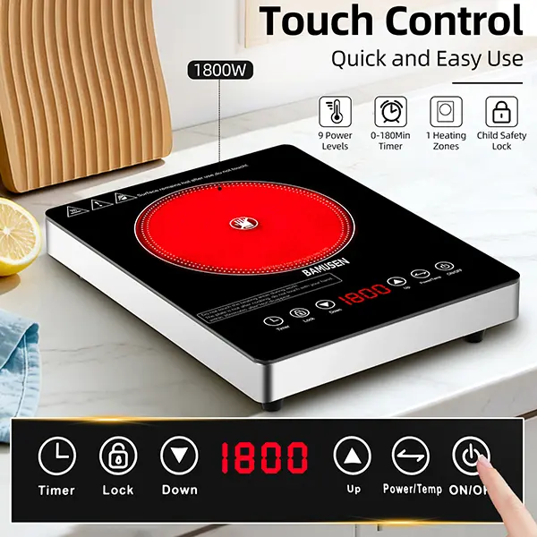 BAMUSEN Portable Electric Ceramic Cooktop, 1800W Electric Induction Burner with 9 Temperature Settings, Countertop Induction Hot Plate with 3H Timer, Child Lock, Easy to Clean, for Home Kitchen Cooking, Induction Cooktop, An Induction Stove