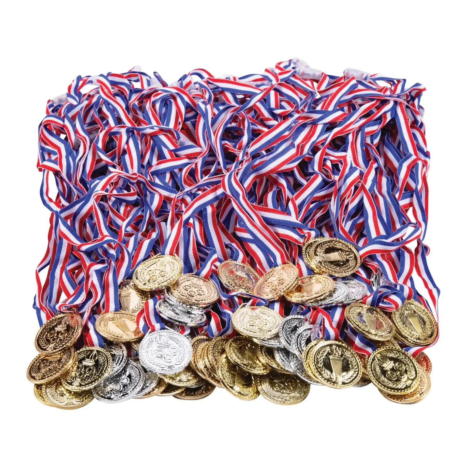 1 1/2" Torch Plastic Award Medals with Striped Ribbons, Bulk 72 Medals Ready for Classroom, Back to School, Field Day School Supplies
