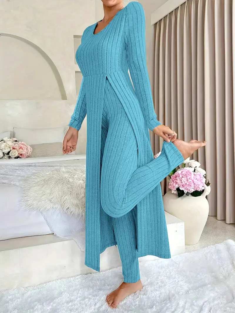Ribbed Long Sleeve Top and Pants Two-Piece Set for Women