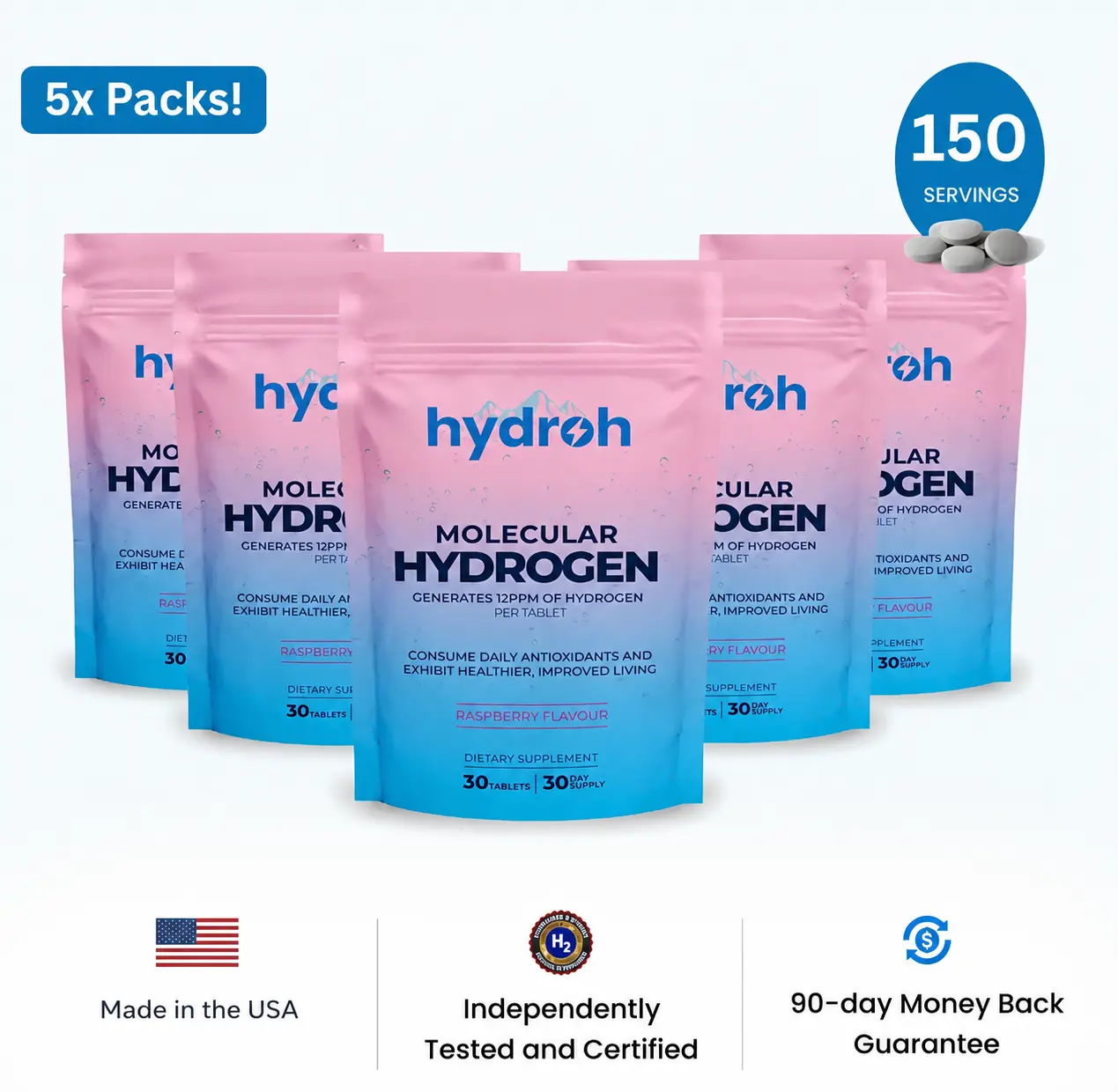 Hydroh Molecular Hydrogen Tablets – Raspberry Flavor | 5-Pack Bundle | Antioxidant Support & Deep Hydration | 150 Effervescent Tablets