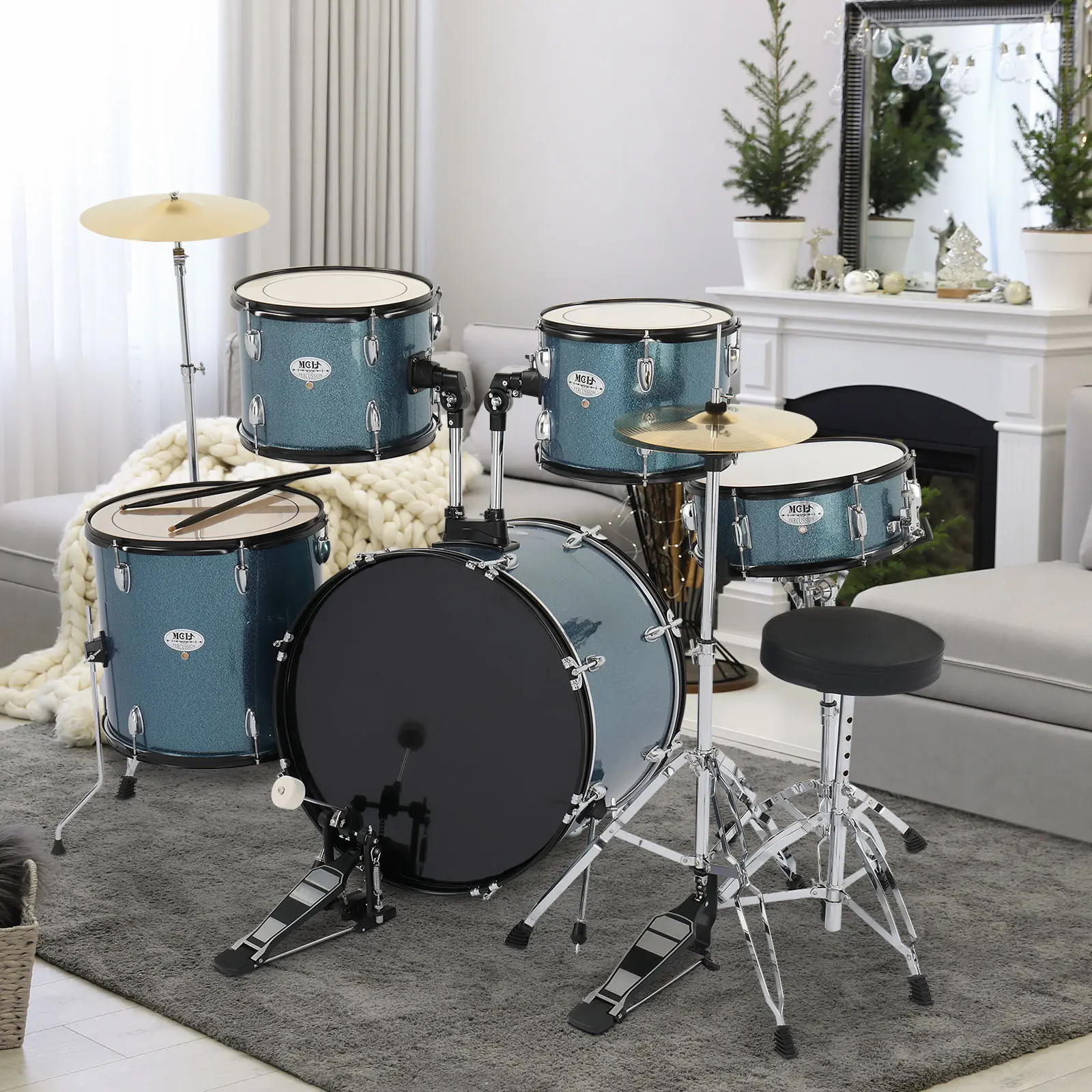 Adult Full-Size Black True Acoustic Poplar Wood 5-Piece Drum Kit - Complete Percussion Instrument Set with Bass Drum, Toms, Snare, Cymbals, Stool, Pedal, Sticks, Double-Layer Skins, Easy Setup for All Skill Levels, Father's Day Gift