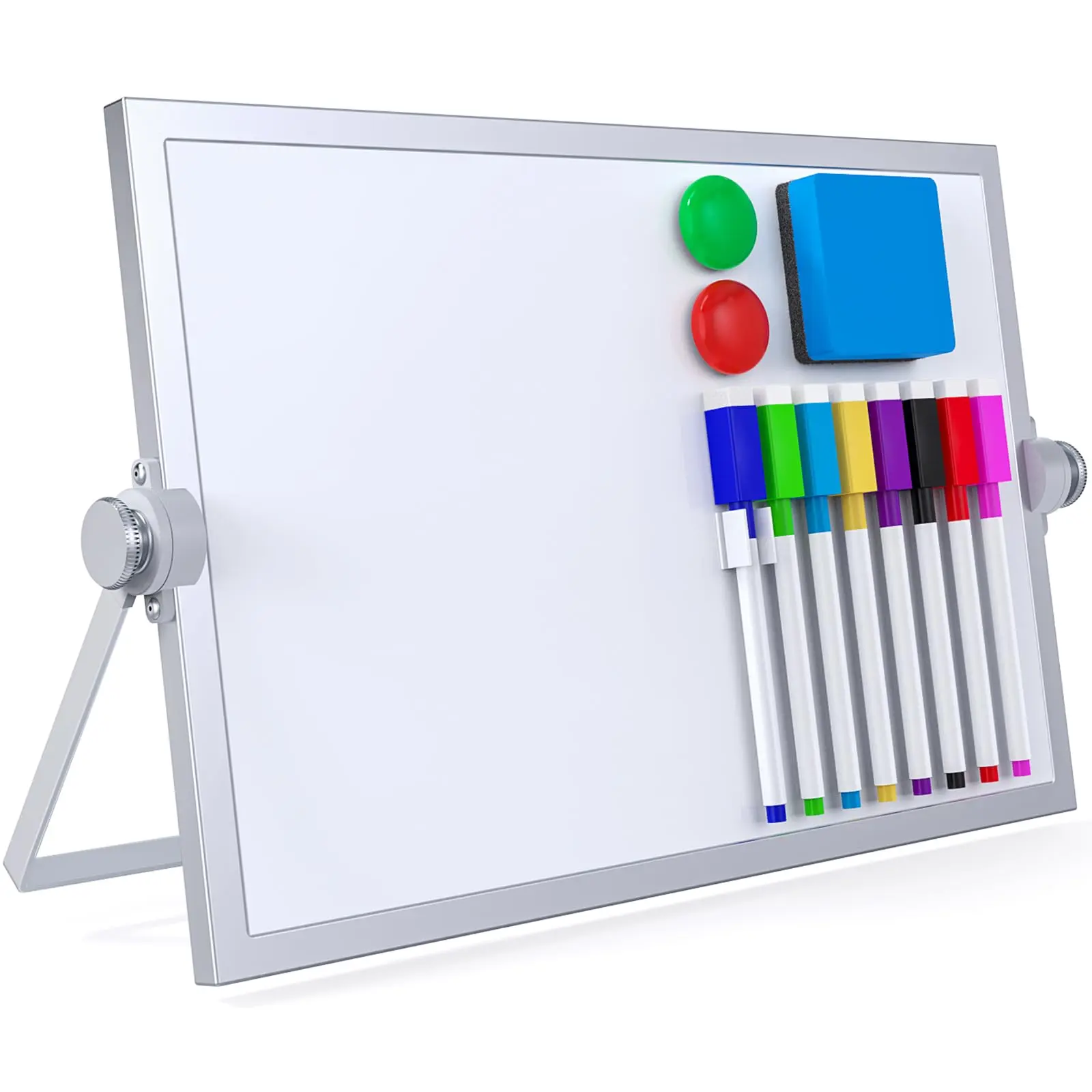 11.81x7.87in Aluminum Magnetic Desktop White Board with Folding Stand, Double-Sided Mini Easel Holder for Kids’ Drawing & Writing, Office Stationery Desk Organizer (Magnetic Drawing Boards)