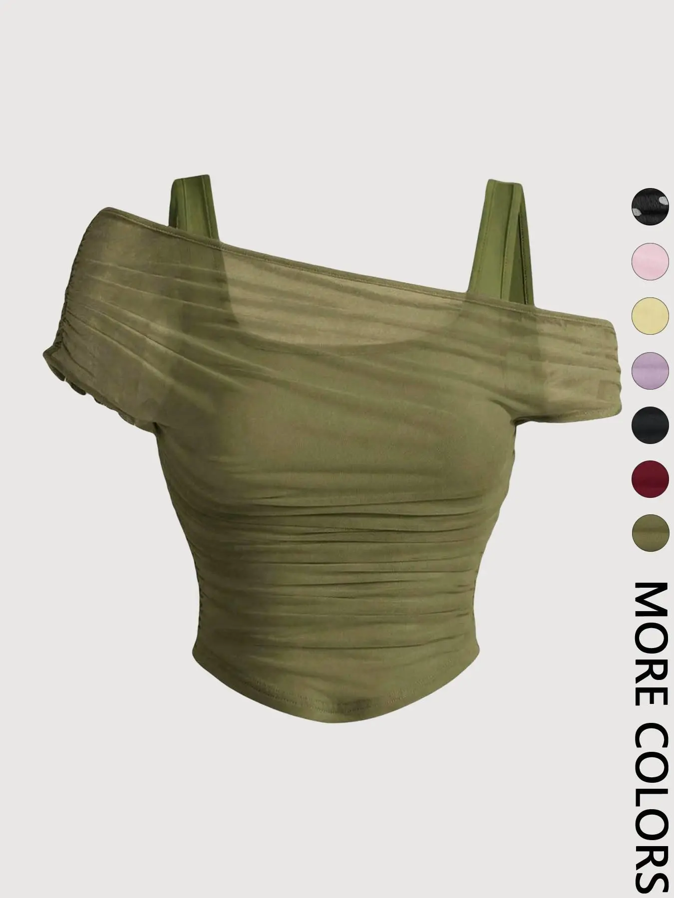 Women's Asymmetric Off Shoulder Neckline Ruched Crop Top, Trendy Womenswear Mesh Top for Club, Date Night & Vacation