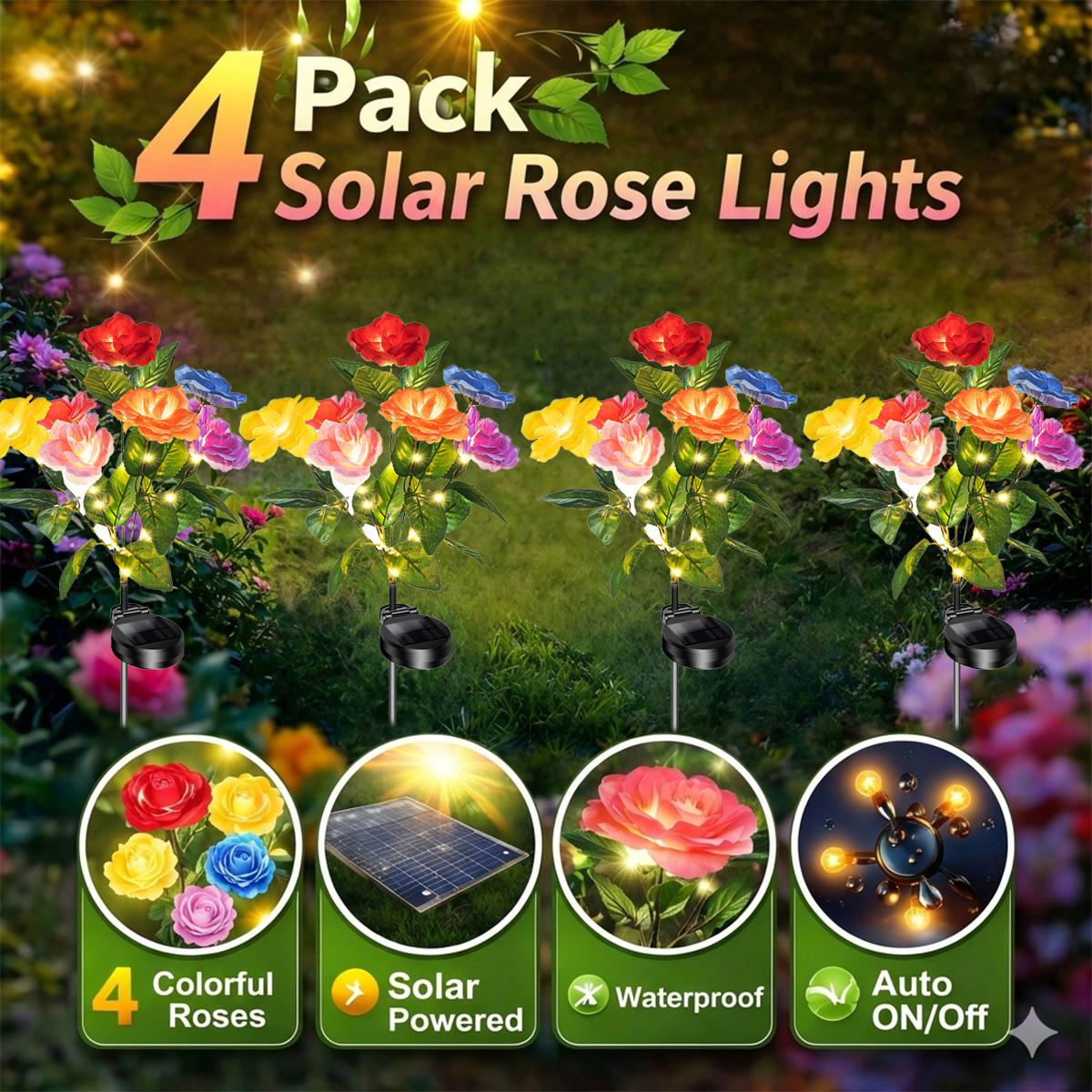 EVEDIOR 4pc Solar Simulated Garden Lights, seven-headed solar roses, a gift for mom, upgraded solar panels for Independence Day outdoor decorative lights, IP65 dustproof and waterproof, the preferred worry-free garden decorative lights.