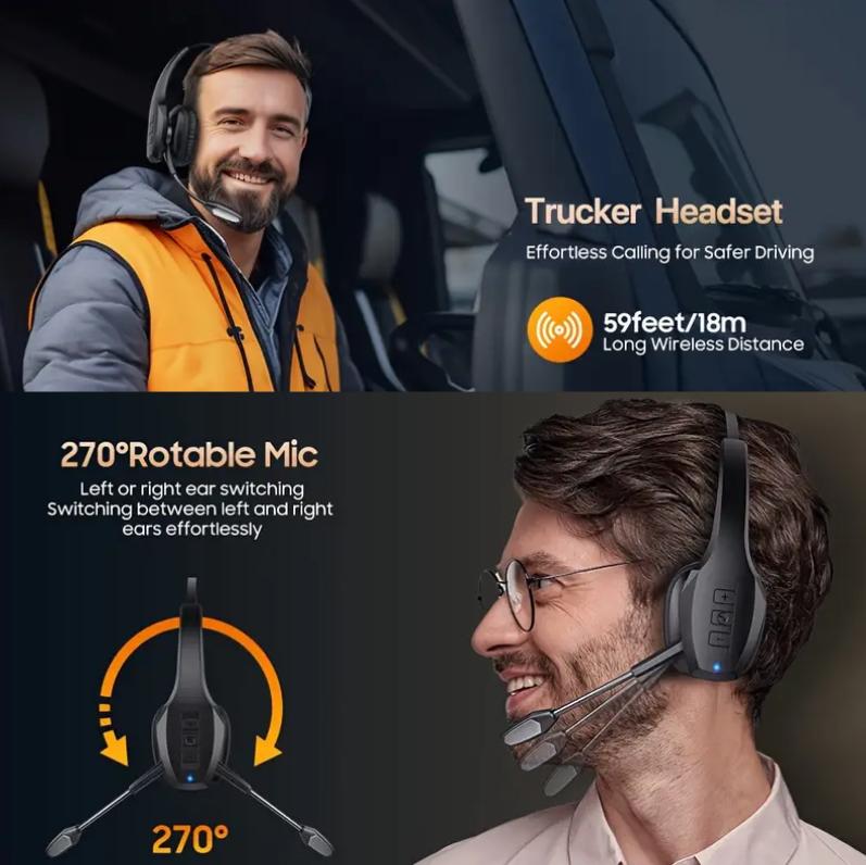 Noise Cancelling Bluetooth Headset A19 Wireless Headphones for Truck Driver PC Use with 32 Hours Talk Time & 53 Hours Music Playback