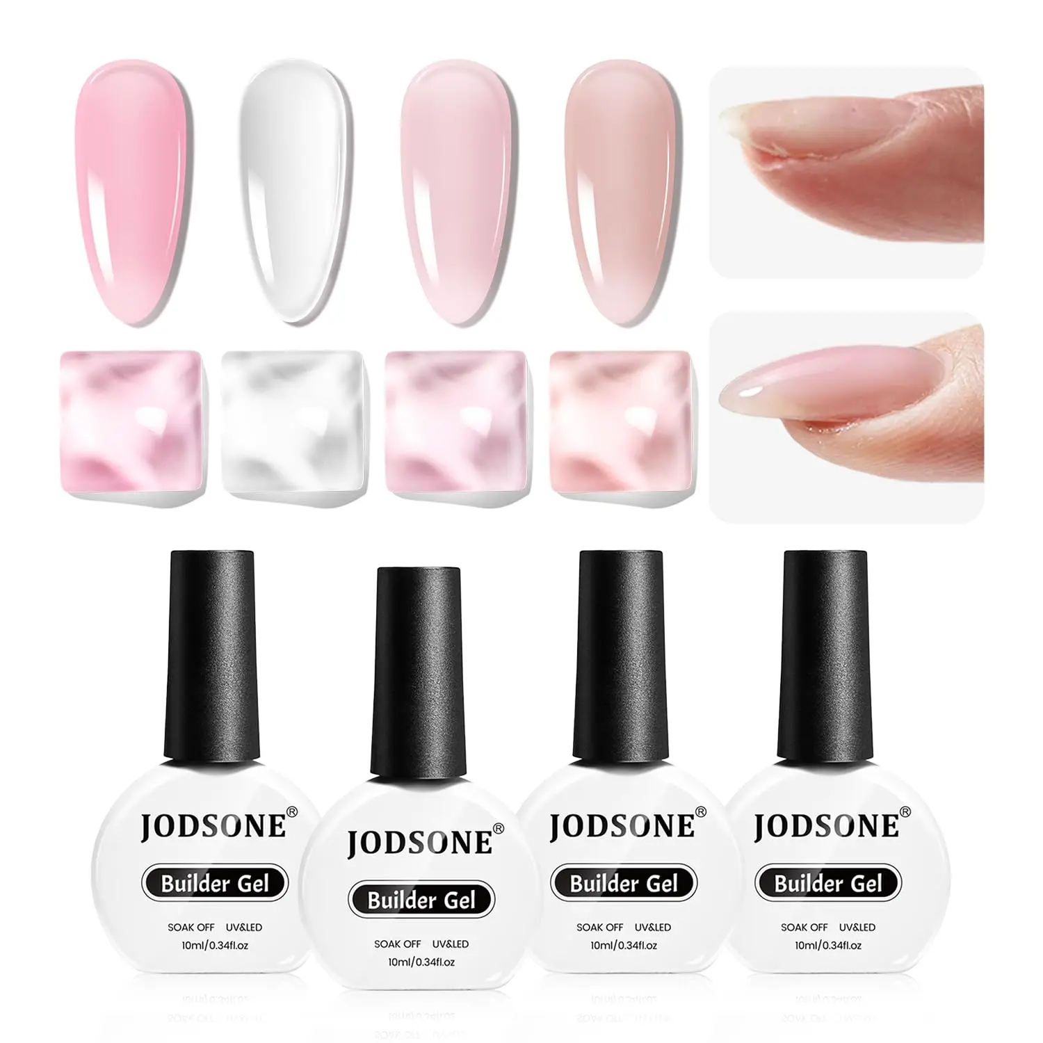 JODSONE Builder Gel Set for Nail Extension and Strengthening, 4 x 10ml Kit with Nude, Pink, White Shades, UV/LED Cure for Natural Nails, Beauty Products