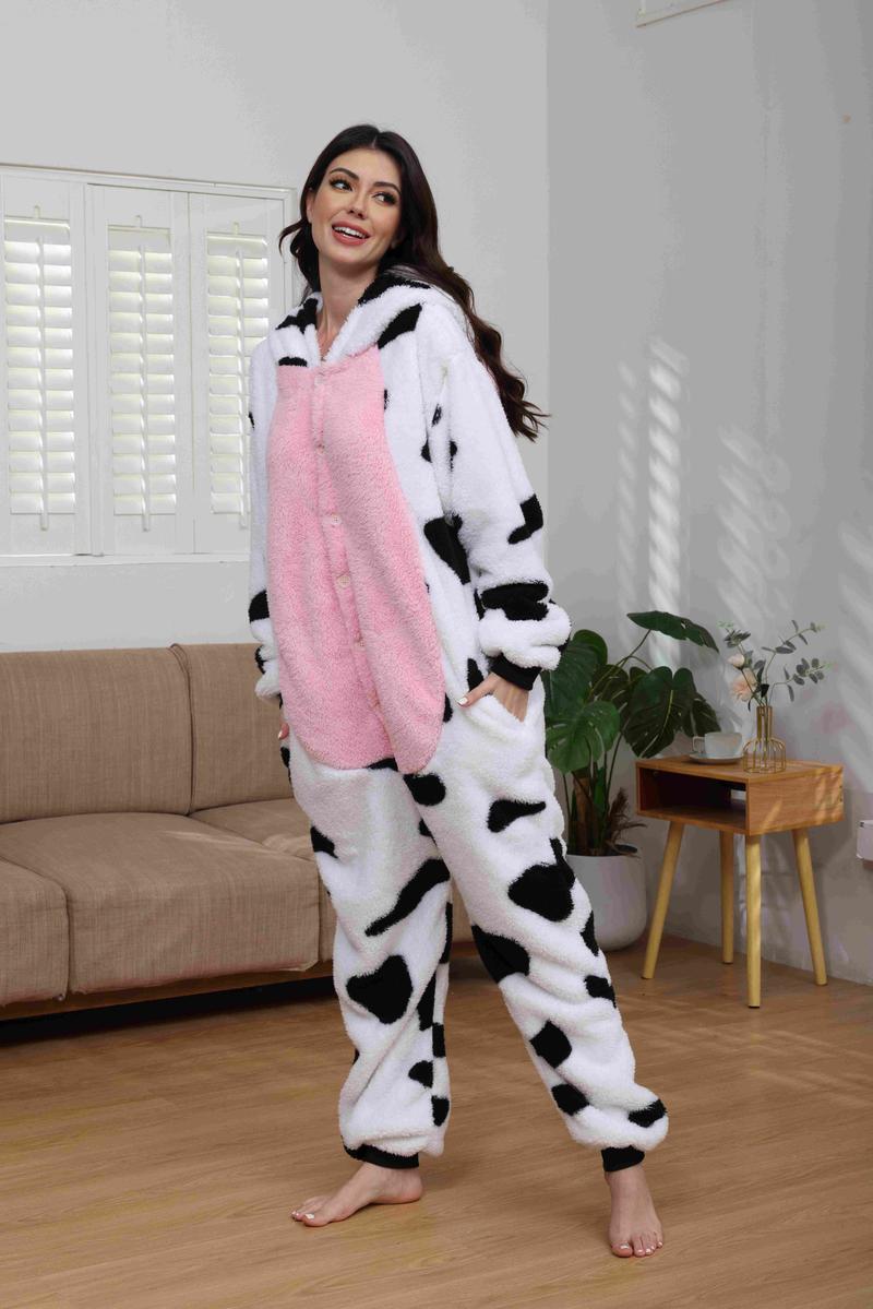 Cozy Cow Onesie for Adults, Plush Fleece Animal Costume Pajamas with Hood for Halloween, Cosplay, and Loungewear Cozy Cow Onesie for Adults, Plush Fleece Animal Costume Pajamas with Hood for Halloween, Cosplay, and Loungewear