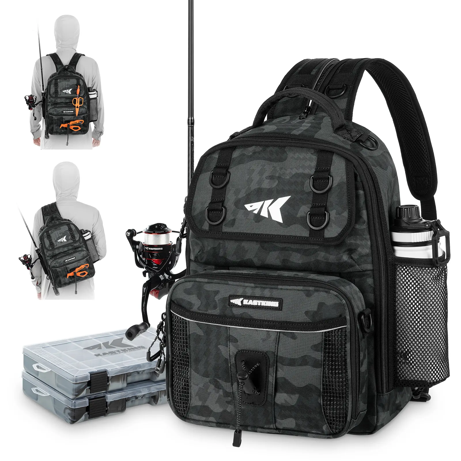 BaitSpace Fishing Sling Bag, Water-resistant Fishing Backpack with Rod & Beverage Holder, Adjustable Straps, Tackle Storage Bag for Fishing Gear and Equipment SummerVibes